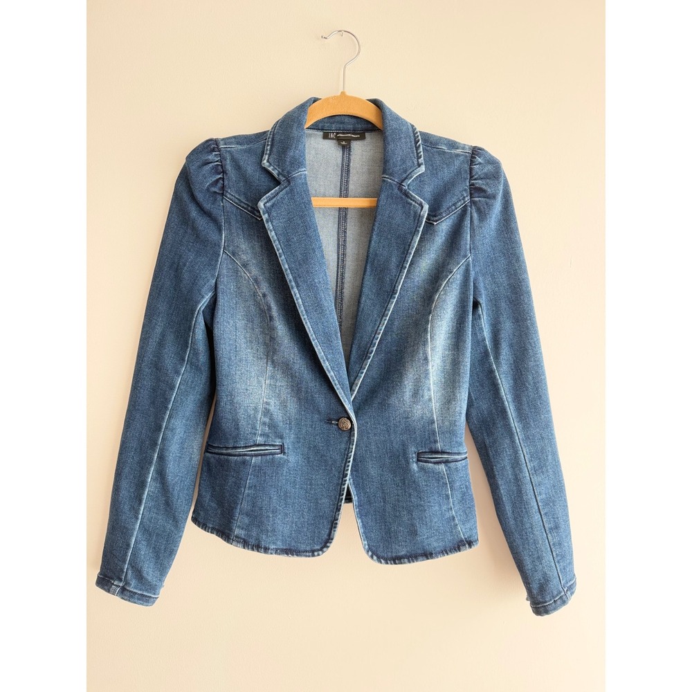 INC International Concepts Denim Blazer Puff Shoulder Jacket Feminine Coquette S
